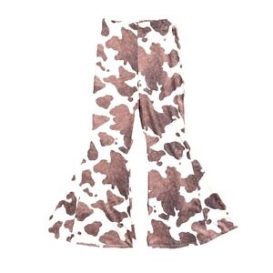 Cow Print Flare Pants Womens Large Stretchy Pull On Western Cowgirl Rodeo Rustic